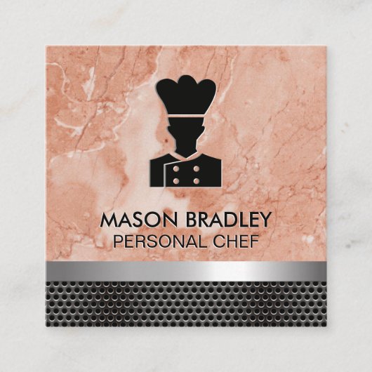 Chef | Oranje marmer | Metaalversiering Vierkante Visitekaartje (Voorkant)
