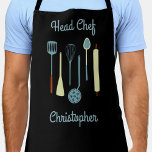 Chef Personeel Schort<br><div class="desc">Fun Head Chef-design met keukengereedschap voor je favoriete chef-kok- of grillexpert. Verander de naam om te personaliseren.</div>