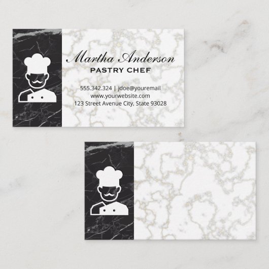 Chef-pictogram | Goud Wit Marmer | Zwart marmer Visitekaartje (Voorkant / Achterkant)