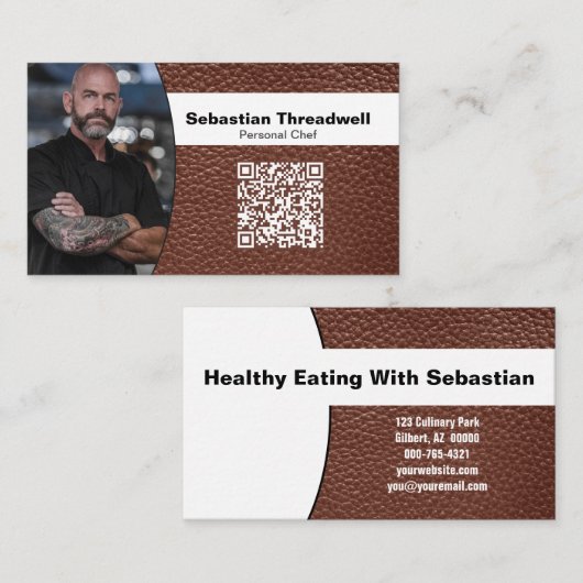 Chef Professionele Foto Bruin Leren QR Code Visitekaartje (Voorkant / Achterkant)