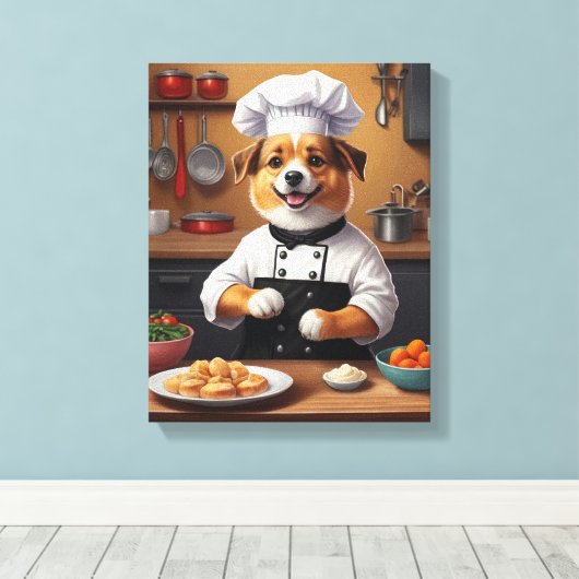 Chef Puppy Maken van Voedsel Grappige Hond Keuken Canvas Afdruk (Insitu (Houten vloer))