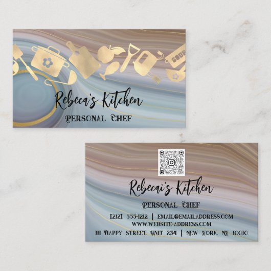 Chef Restaurant Catering Logo QR-code Blu Visitekaartje (Voorkant / Achterkant)