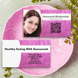 Chef roze lederen textuur aangepaste foto QR-code Visitekaartje