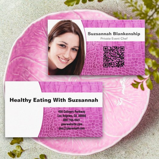 Chef roze lederen textuur aangepaste foto QR-code Visitekaartje