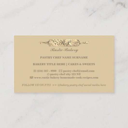 Chef Rustic Floral Rolling pin Bakery gold boho Visitekaartje (Achterkant)