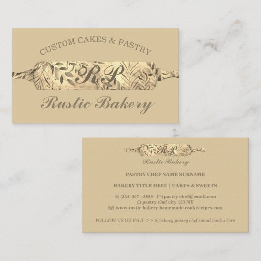 Chef Rustic Floral Rolling pin Bakery gold boho Visitekaartje (Voorkant / Achterkant)