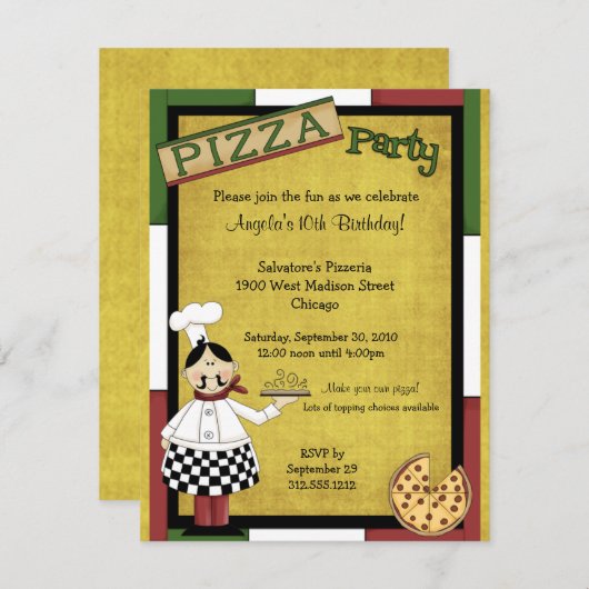 Chef Serving Hot Pizza Party Invitation Kaart (Voorkant / Achterkant)