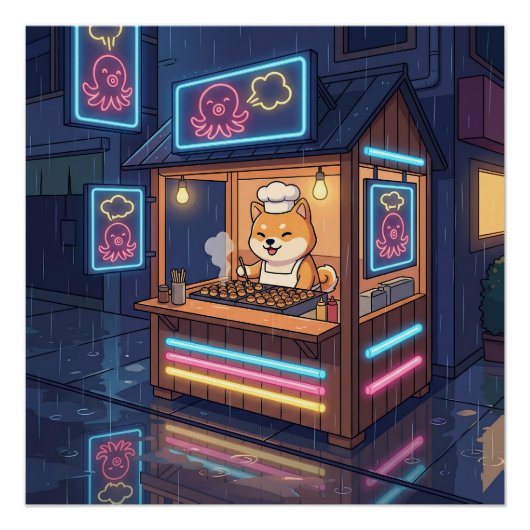 Chef Shiba's Neon Takoyaki Stand Perfect Poster (Voorkant)
