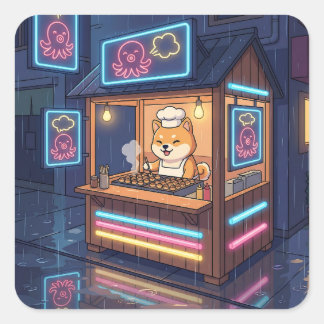 Chef Shiba's Neon Takoyaki Stand Vierkante Sticker