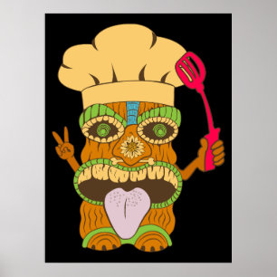 Chef Tiki-standbeeld met Spatel, Grappige Zwarte Poster
