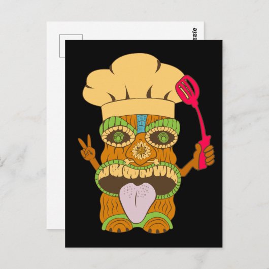 Chef Tiki Standbeeld met Spatula, Grappig Zwart Briefkaart (Voorkant / Achterkant)