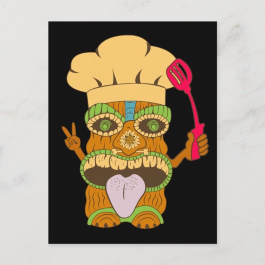 Chef Tiki Standbeeld met Spatula, Grappig Zwart Briefkaart (Voorkant)