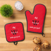 Chef William's Monogram + Naam Modern Script Rood Ovenwant & Pannenlap Set (Top down)