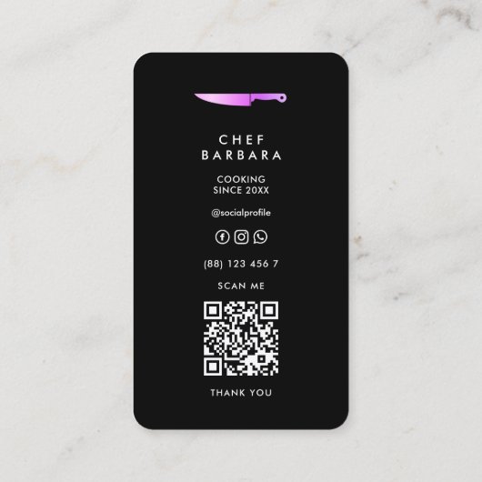 Chef Zwart Paarse Knife Cateraar Modern Visitekaartje (Achterkant)