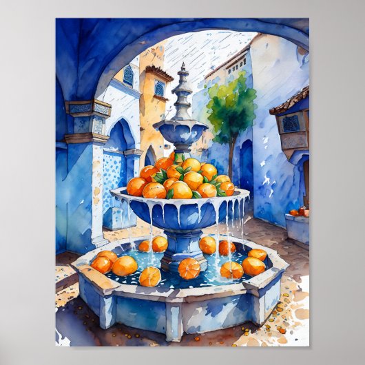 Chefchaouen Marokko Oranje fontein Waterverf Poster (Voorkant)