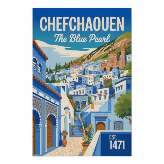 Chefchaouen Marokko Retro Reisposter Kunst Perfect Poster (Voorkant)