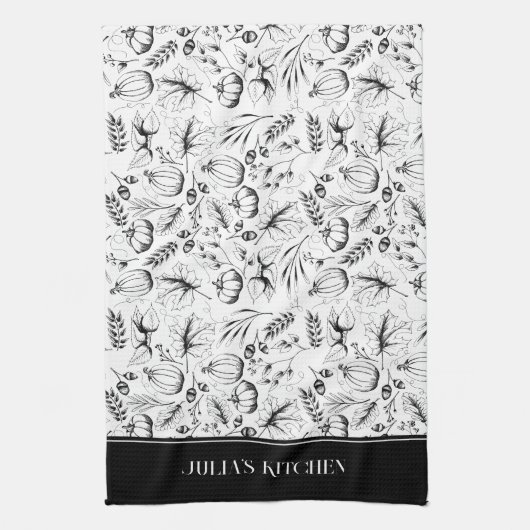 Chef's Kitchen Zwart Moderne Herfst Illustratie Theedoek (Verticaal)