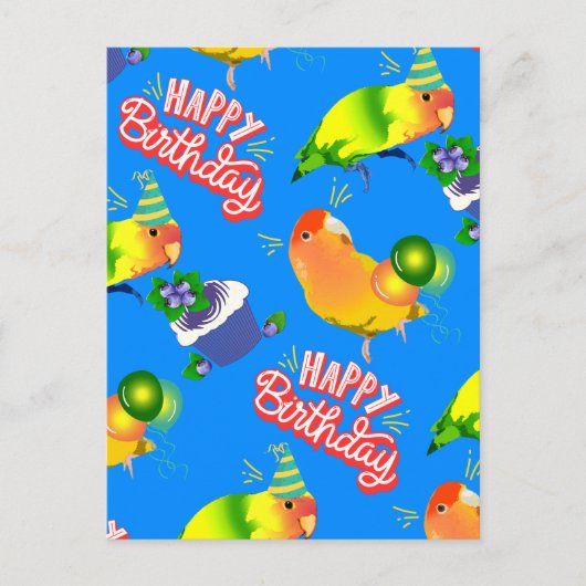 Cheful Blue Happy Birthday Birds Lovebird Parrot Briefkaart (Voorkant)