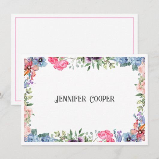 Cheful Flower Border Custom Name Notitiekaartje (Voorkant / Achterkant)