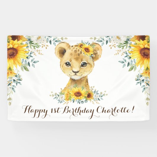 Cheful Oerwoud Lion Cub Sunflower Happy Birthday Spandoek (Horizontaal)