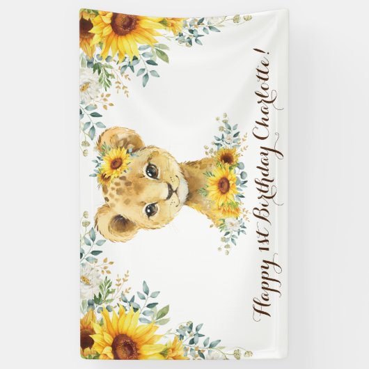 Cheful Oerwoud Lion Cub Sunflower Happy Birthday Spandoek (Verticaal)