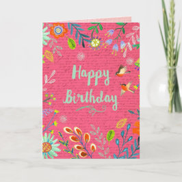 Cheful Pink Happy Birthday Country Flowers Kaart