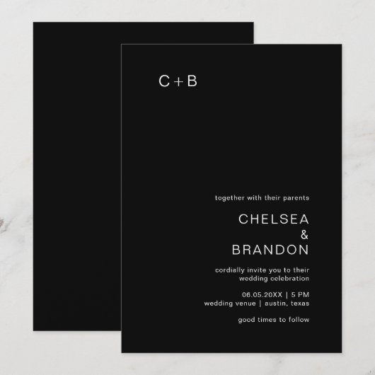Chelsea Black Moderne bruiloft Kaart (Voorkant / Achterkant)