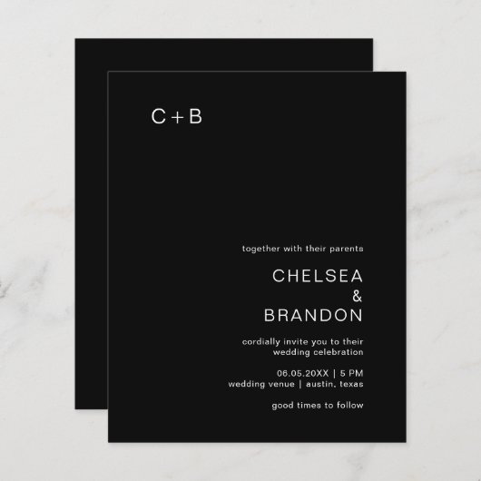 Chelsea Black Moderne bruiloft uitnodiging (Voorkant / Achterkant)