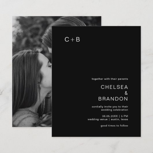 Chelsea Black Moderne bruiloft uitnodiging (Voorkant / Achterkant)