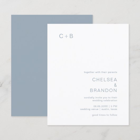 Chelsea Dusty Blue Modern Wedding Invitation (Voorkant / Achterkant)