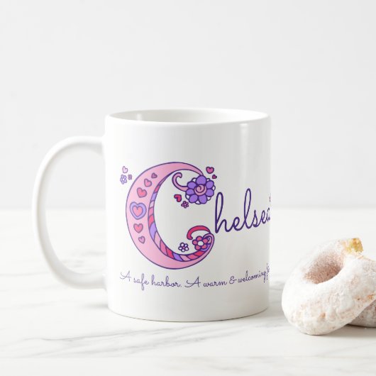 Chelsea-naam: decoratieve C-monogram-mok Koffiemok (Met donut)