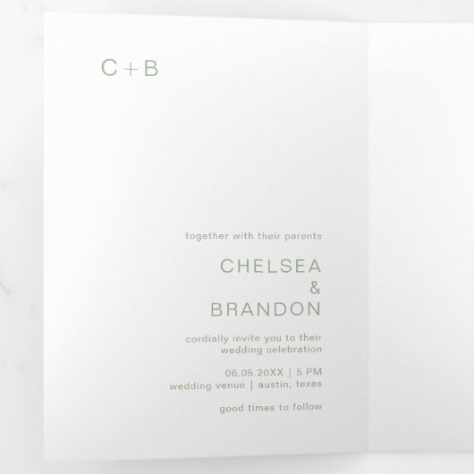 Chelsea Sage Green Moderne bruiloft Drieluik Uitnodiging (Binnenzijde eerst)
