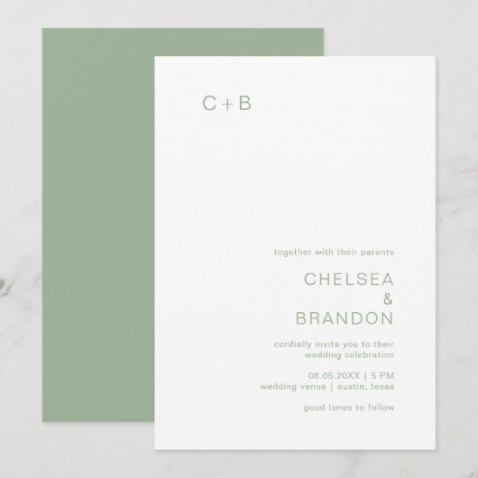 Chelsea Sage Green Moderne bruiloft Kaart (Voorkant / Achterkant)