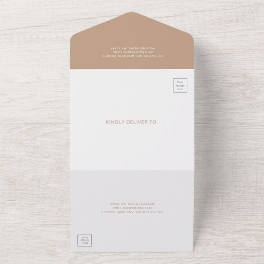 Chelsea Taupe Modern Wedding All In One Uitnodiging (Buitenkant)