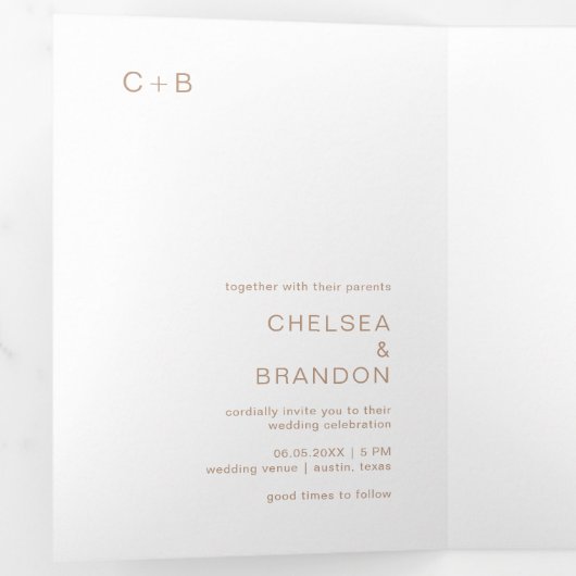 Chelsea Taupe Modern Wedding Drieluik Uitnodiging (Binnenzijde eerst)