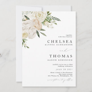 CHELSEA Watercolor White Blooms Wedding Invitation Kaart