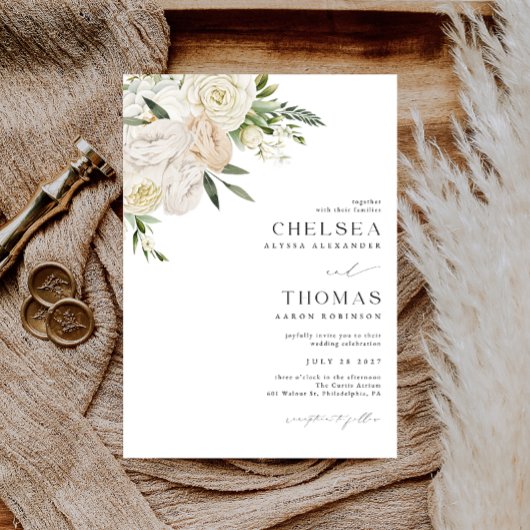 CHELSEA Watercolor White Blooms Wedding Invitation Kaart
