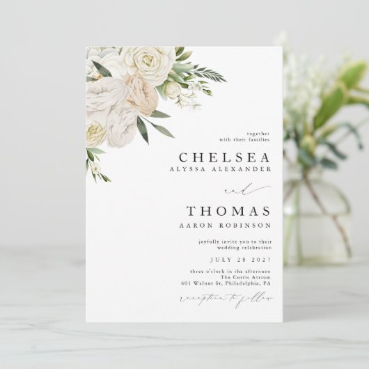 CHELSEA Watercolor White Blooms Wedding Invitation Kaart (Staand voorkant)