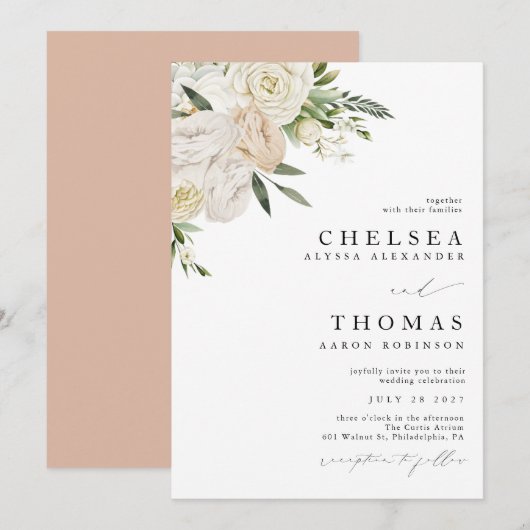 CHELSEA Watercolor White Blooms Wedding Invitation Kaart (Voorkant / Achterkant)
