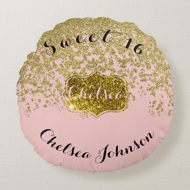 Chelsea's Sweet Sixteen Roos en Glitter Rond Kussen (Voorkant)