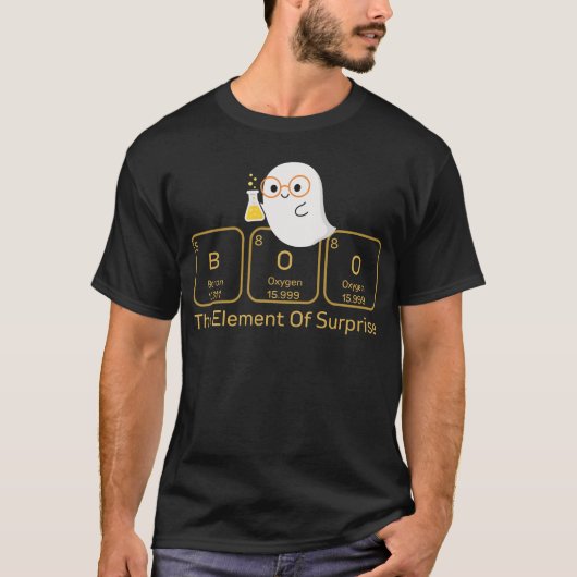 Chemie Boek Het Element van Verrassing Halloween T-shirt (Voorkant)