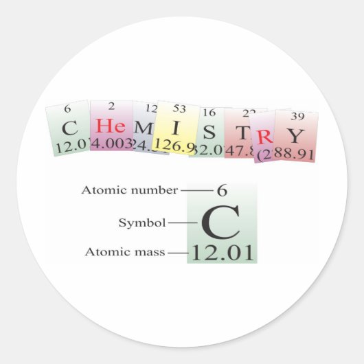 Chemie, gespeld met elementen ronde sticker (Voorkant)