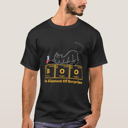 Chemie Kat Boo Het Element van Verrassing Scheikun T-shirt (Voorkant)