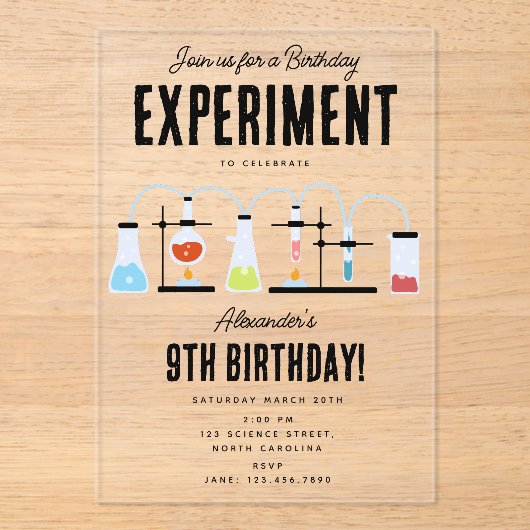 Chemie Wetenschap Test Tubes Kids Verjaardagsfeest Acryl Uitnodigingen (Voorkant)