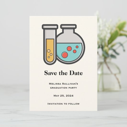 Chemische Testbuis en Beaker Afstuderen Save The Date (Staand voorkant)