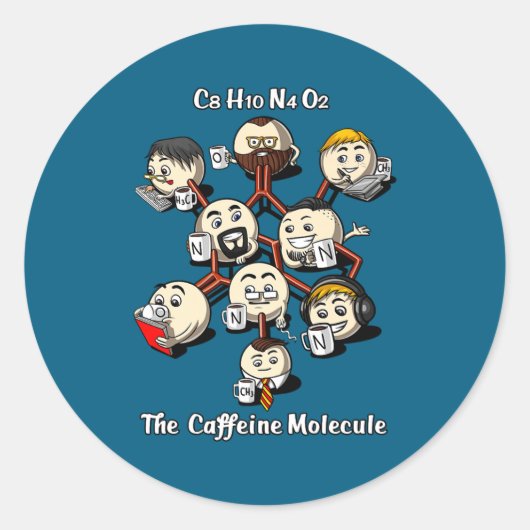 Chemistry Caffeine Molecule Funny Science Geek Cof Ronde Sticker (Voorkant)