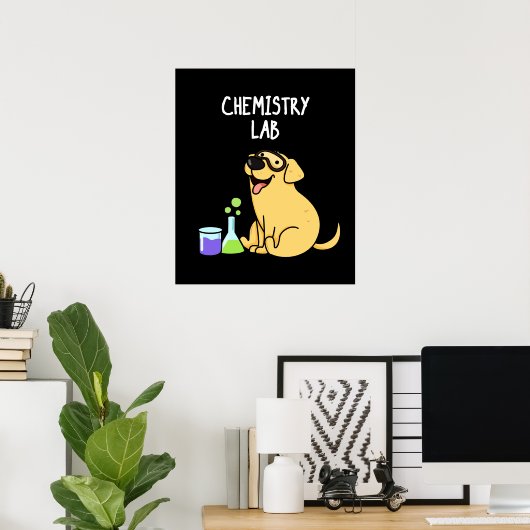 Chemistry Lab Funny Labrador Dog Pun Dark BG Poster (Thuiskantoor)