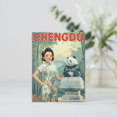 Chengdu China Panda-standbeeld Vintage Reis Briefkaart (Staand voorkant)