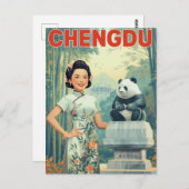 Chengdu China Panda-standbeeld Vintage Reis Briefkaart (Voorkant / Achterkant)