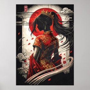 Cheongsam Chinese Rode Maan Prinses Anime Kunst Poster